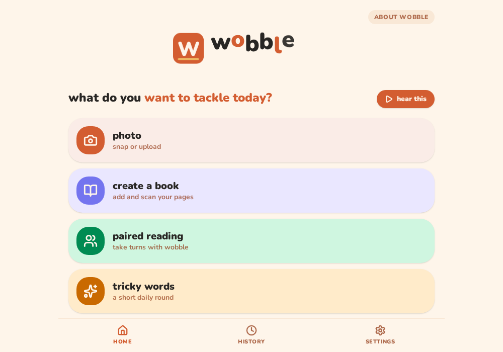 Wobble home screen with Photo, Create a Book, Paired Reading and Tricky Words tools