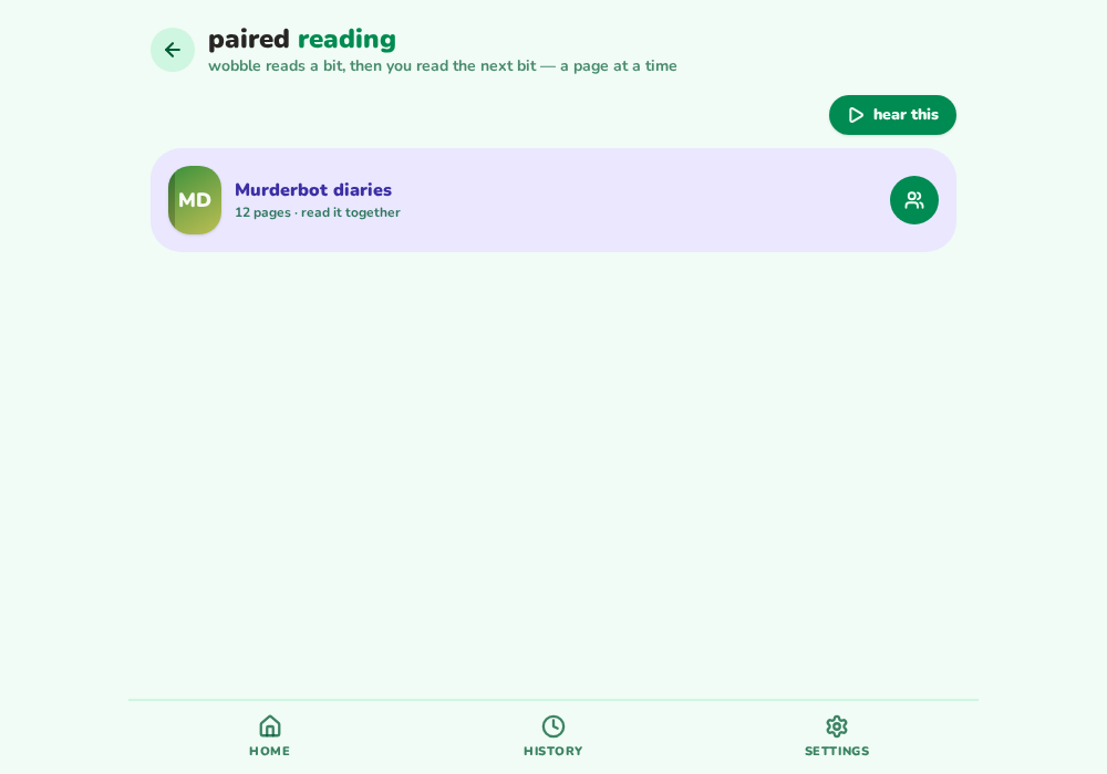 Wobble Paired Reading screen with a saved book ready to read together