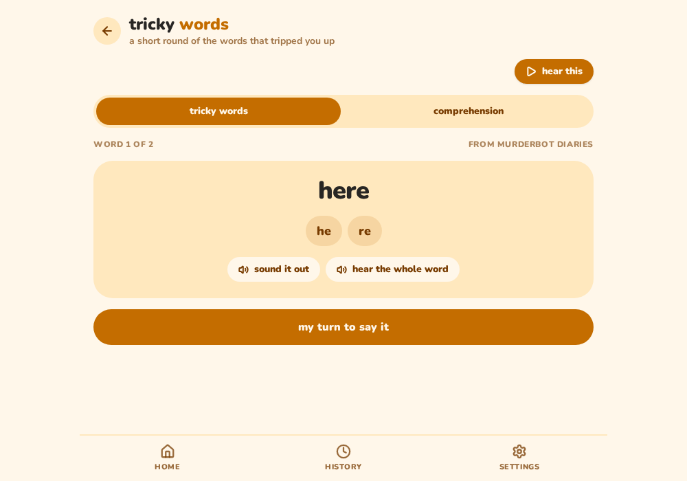 Wobble Tricky Words practice screen showing syllables and reading controls