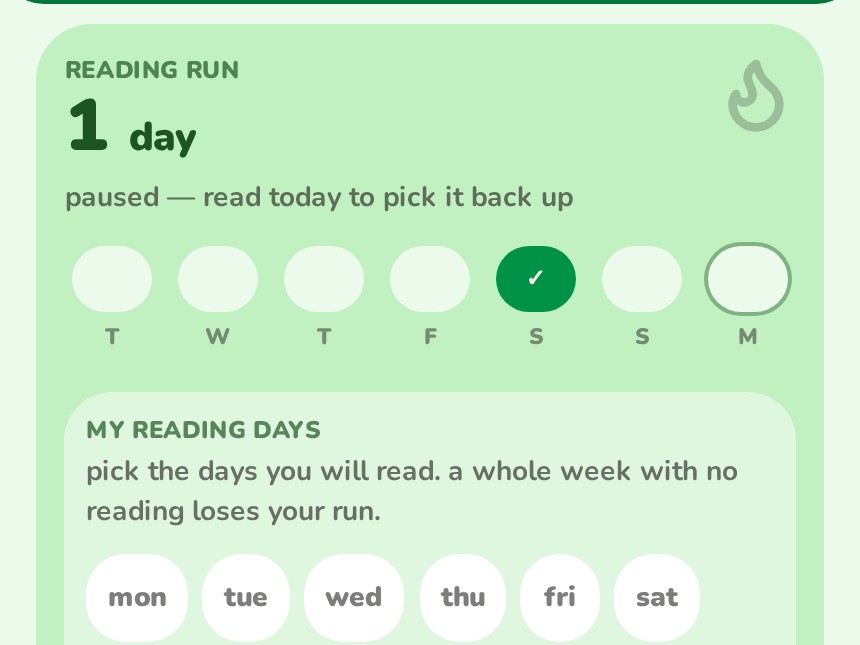 Wobble progress screen showing a reading run, reading days, level and XP