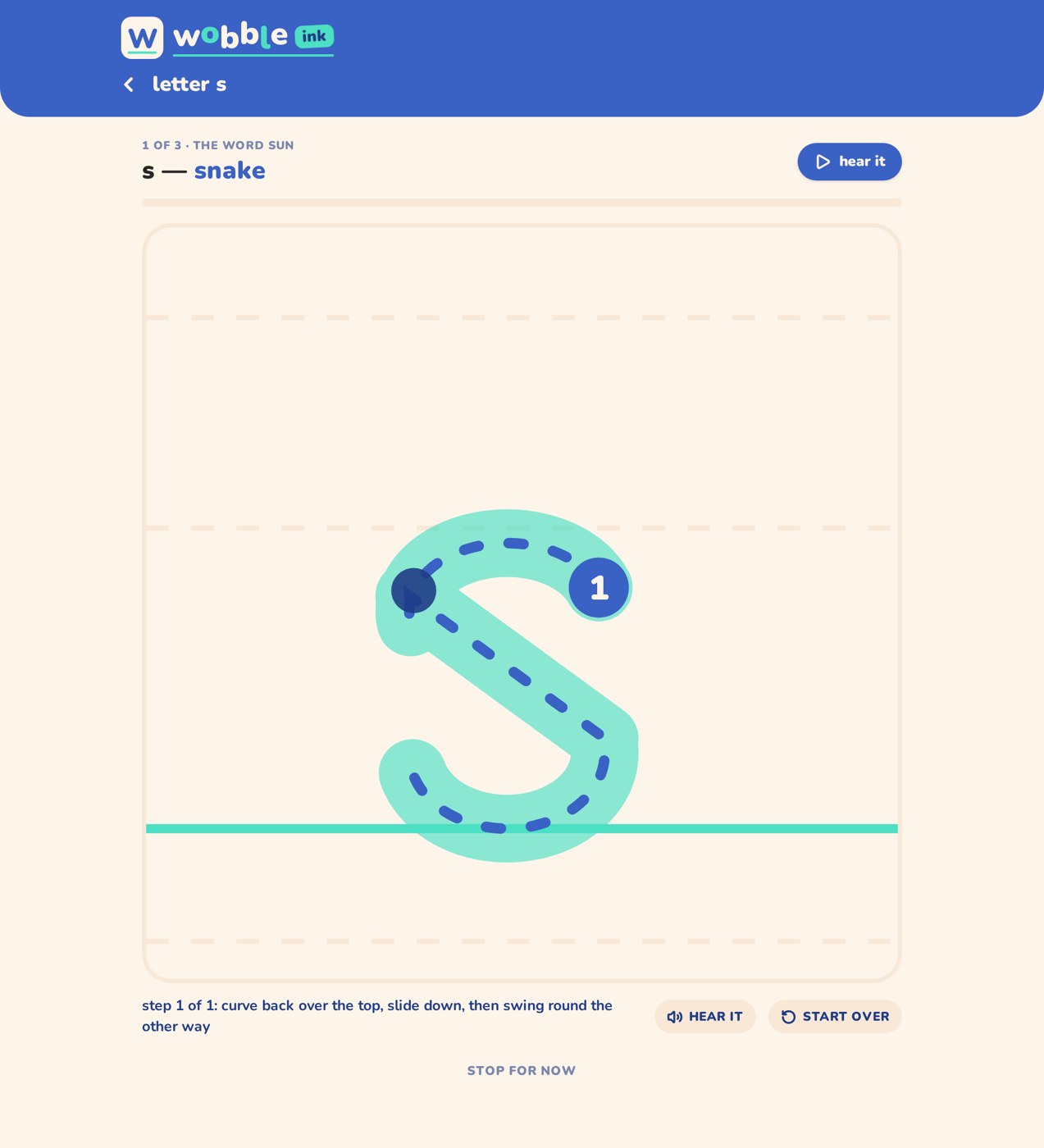 Screenshot of Wobble Ink tracing the letter s with a dotted stroke guide and step instructions