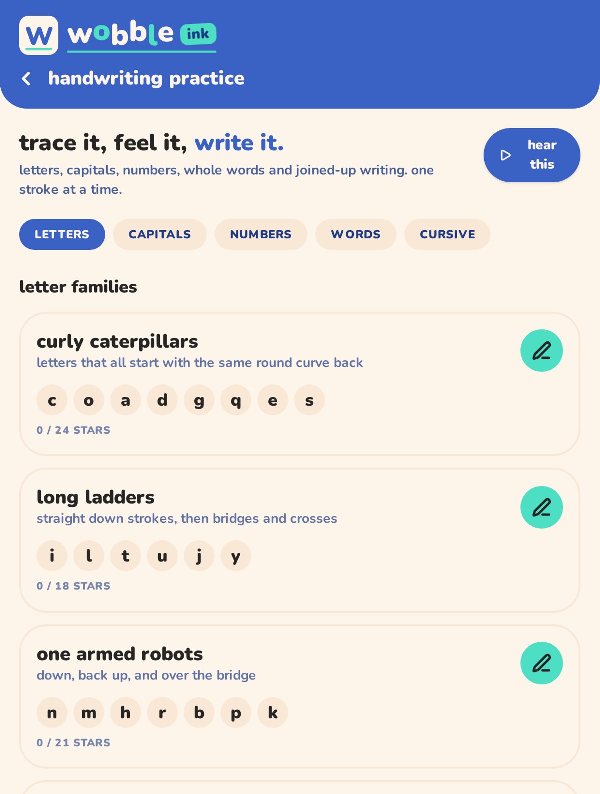 Screenshot of the Wobble Ink letter families list with letters, capitals, numbers, words and cursive tabs
