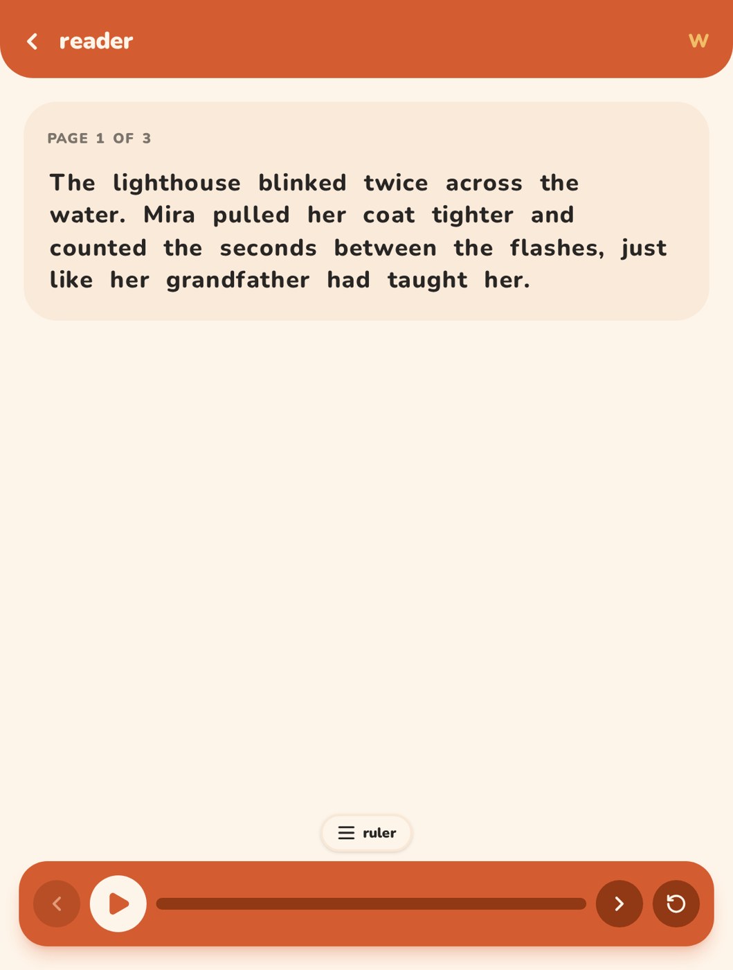 Screenshot of the Wobble reader with a story page, ruler toggle and play controls
