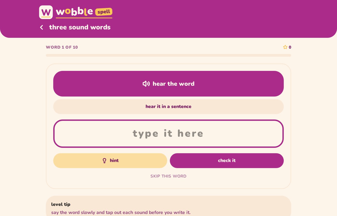 Screenshot of Wobble Spell with hear the word, a type it here box, hint and check it buttons