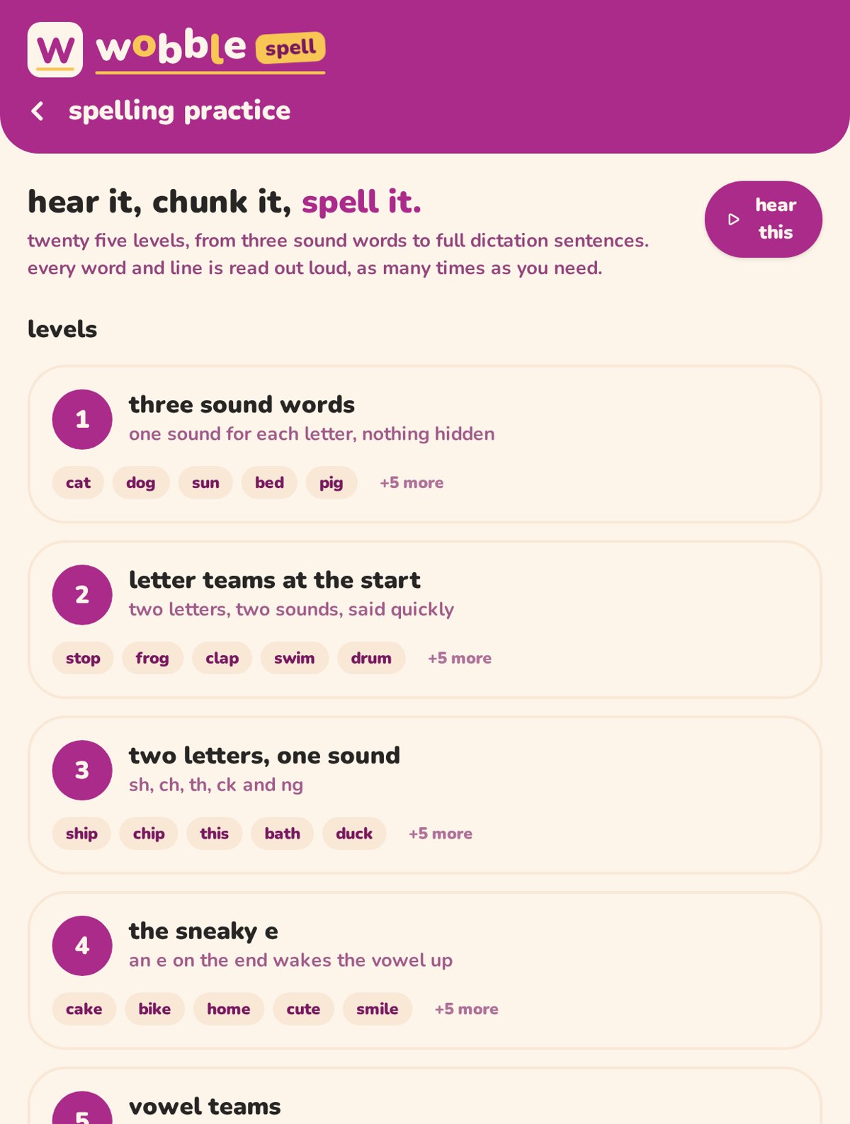 Screenshot of the Wobble Spell level list showing three sound words, letter teams, sneaky e and vowel teams